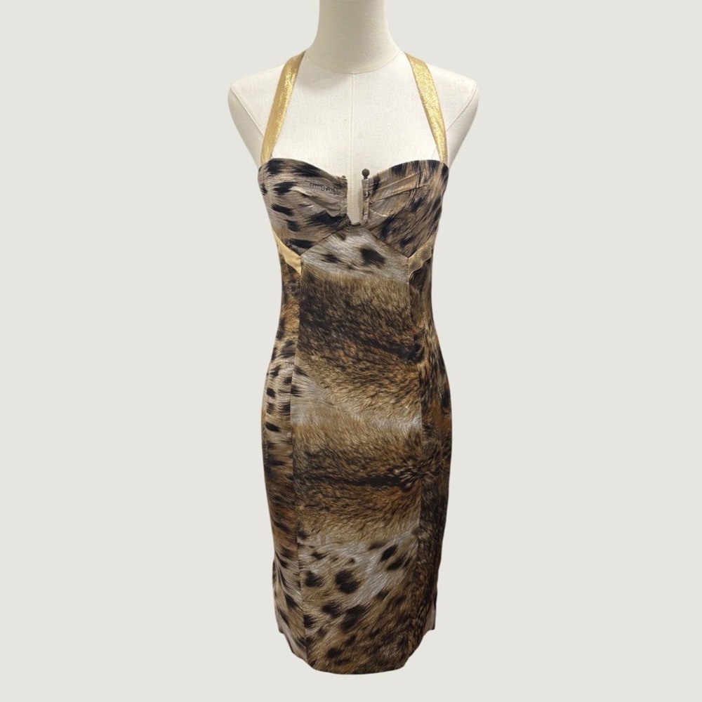 Y2K Just Cavalli Roberto Cavalli Animal Print Halter Dress Gold Trim US 6 Party